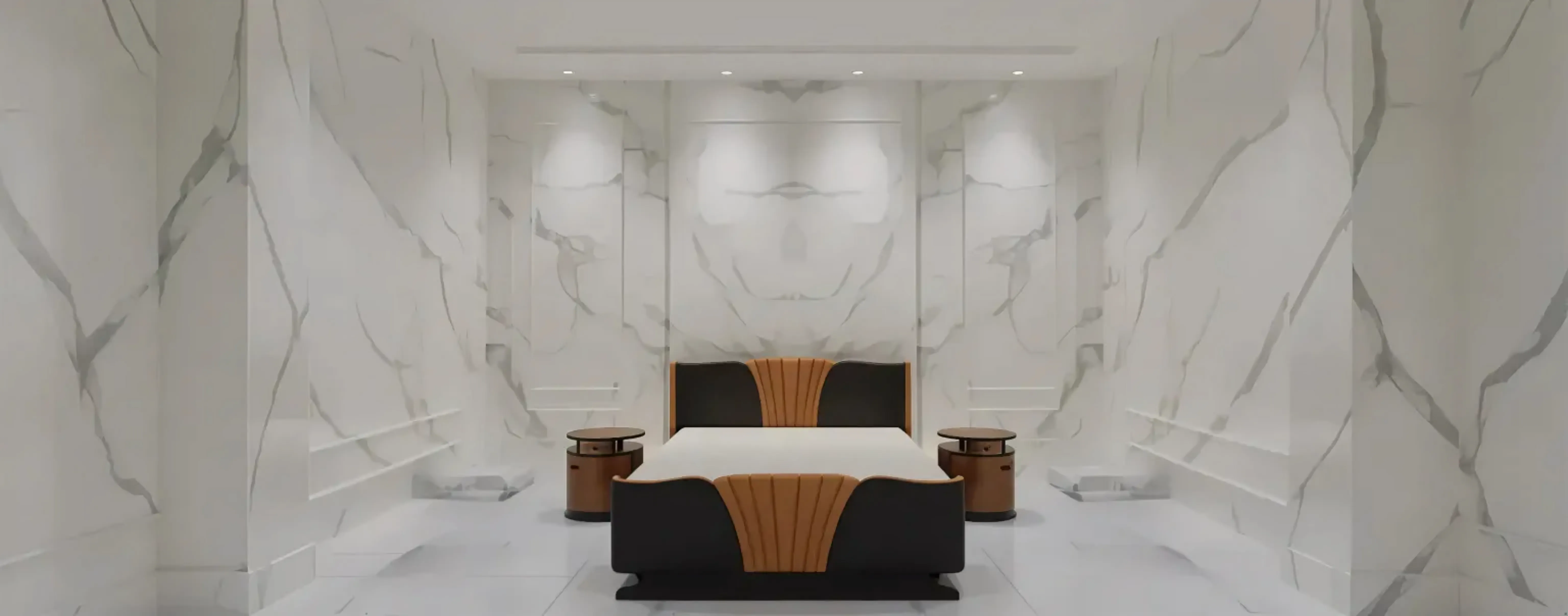 밝은 방에 우아한 침대 옆에 있는 현대적인 나이트 스탠드